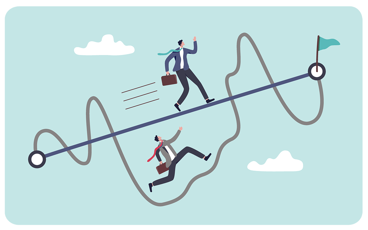 Graphic of two characters running along lines. One line is straight and the other is wavy and takes a longer path.